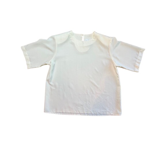 Vintage 80s Claudia Richard Blouse Ivory White Short‎ Sleeve Keyhole Career 14 - Picture 10 of 11